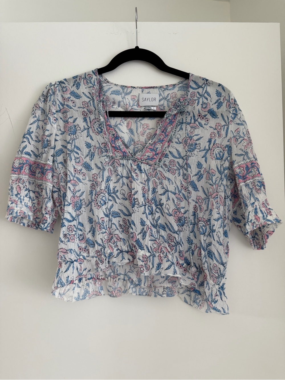 SAYLOR Blue & Pink Floral Peasant Blouse SZ Large NWOT